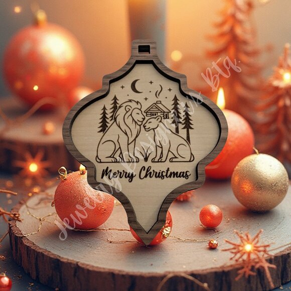 Lion Couple Engraved Wood Christmas Ornament - Custom Engraved Text Option - Picture 1 of 1